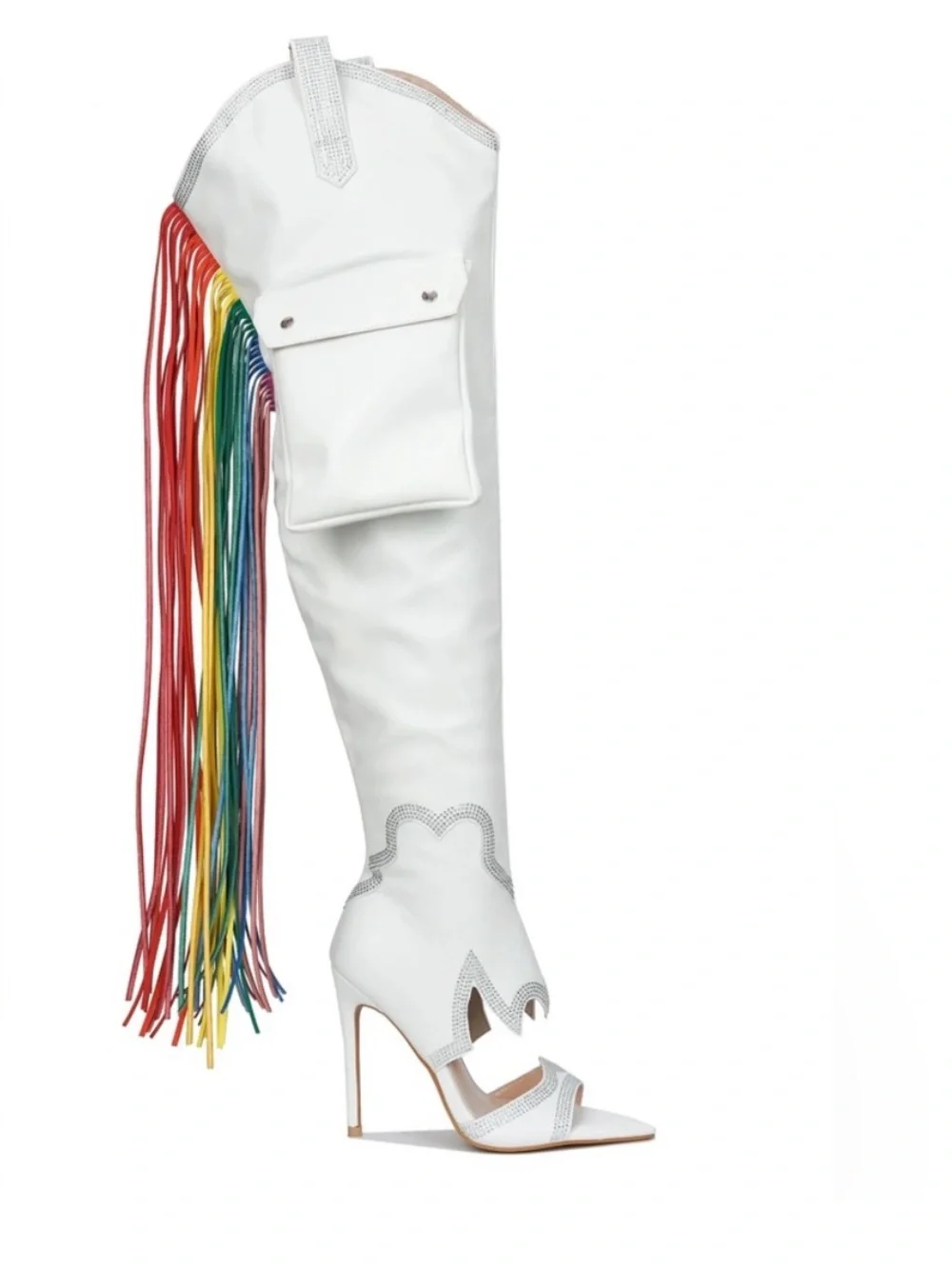 Cape Robbin Lise White Rainbow Fringe Cargo Western Thigh High Boots NWOT 8.5